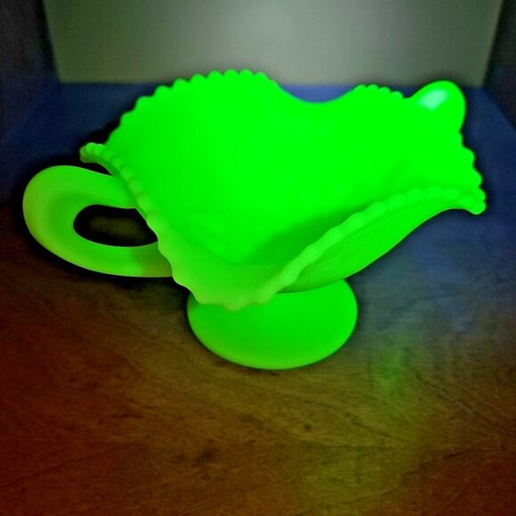 Fenton Uranium Lime Green Satin Footed Candy Dish With Handles Geiger Checked - Picture 2 of 15